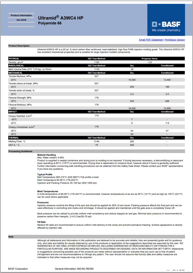 Ultramid® A3WC4 HP 加工温度表