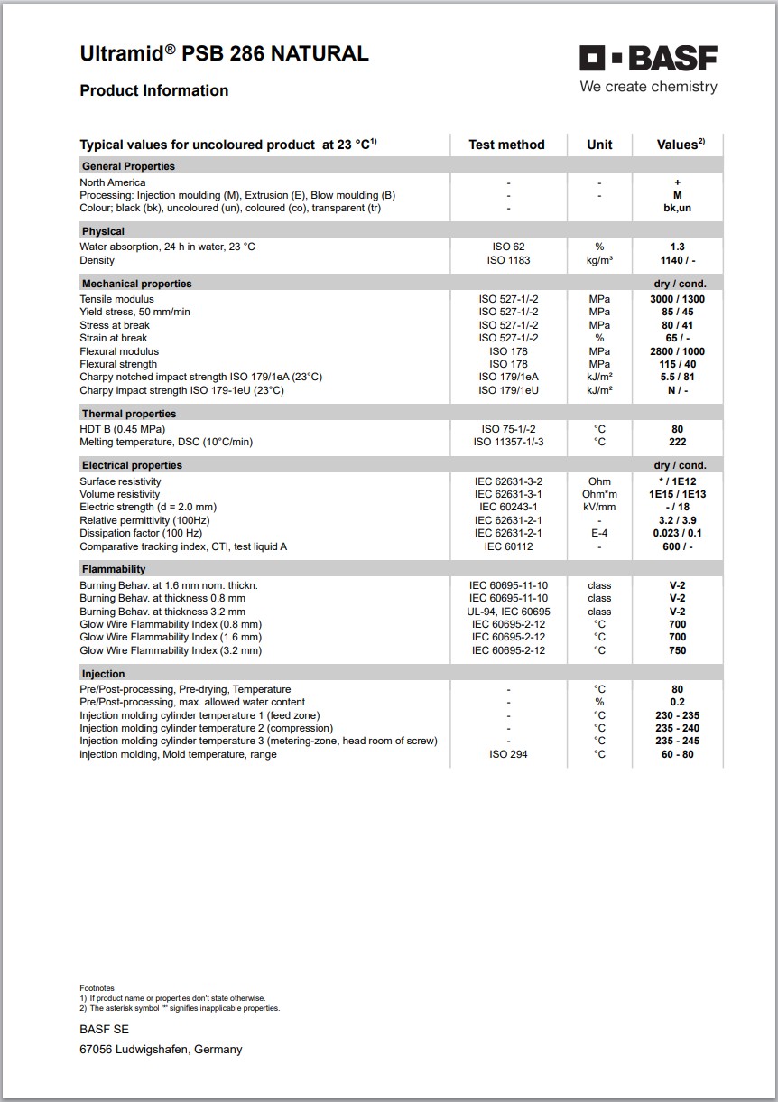 Ultramid® PSB 286 NATURAL 英文版加工物性表