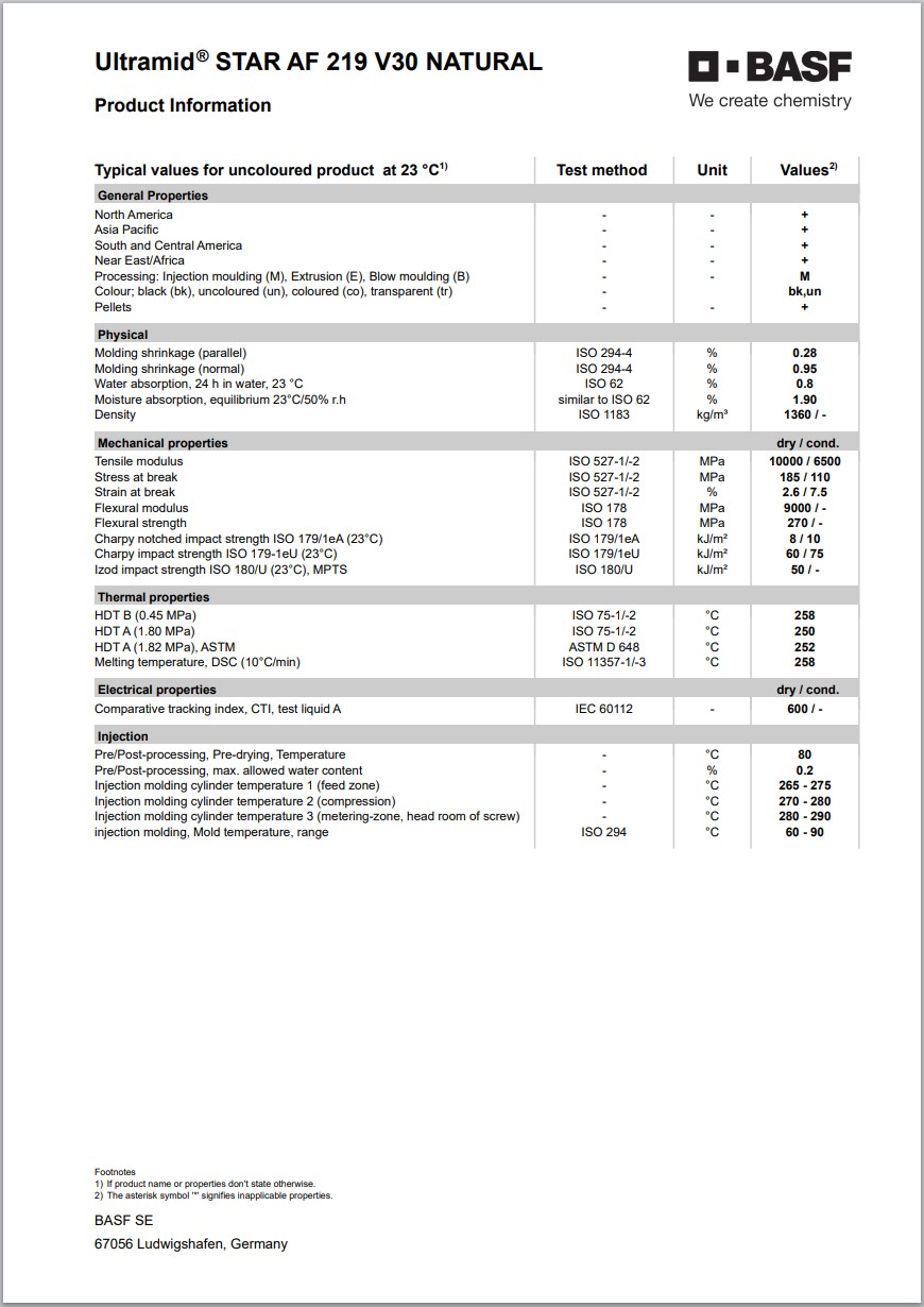 Ultramid® STAR AF 219 V30 NATURAL 英文版加工特性表