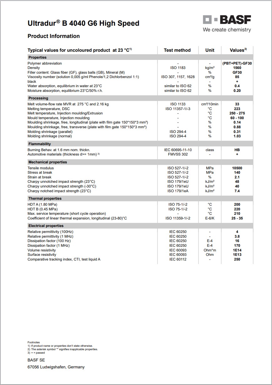 Ultradur® B 4040 G6 High Speed 英文版加工成型表