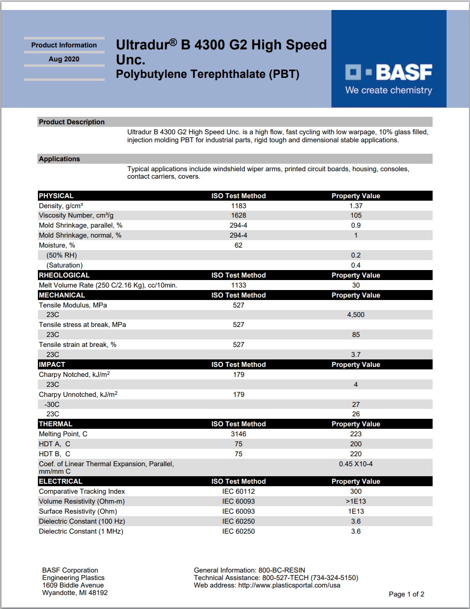 Ultradur® B 4300 G2 High Speed Unc. 英文版物性表图1