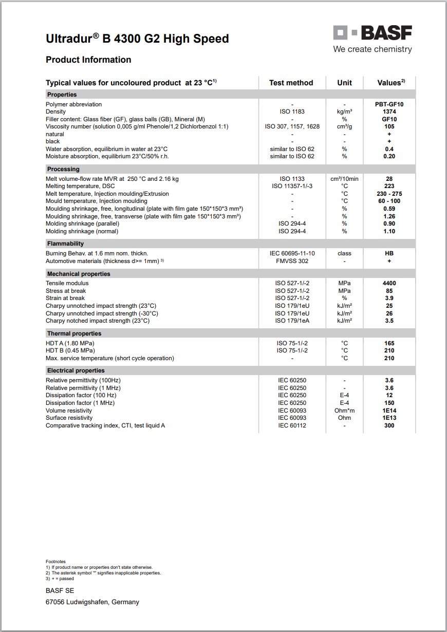 Ultradur® B 4300 G2 High Speed 英文版加工成型参数